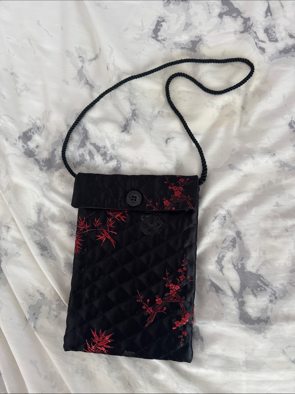 Vintage Quilted Shoulder Pouch with Red Floral Embroidery